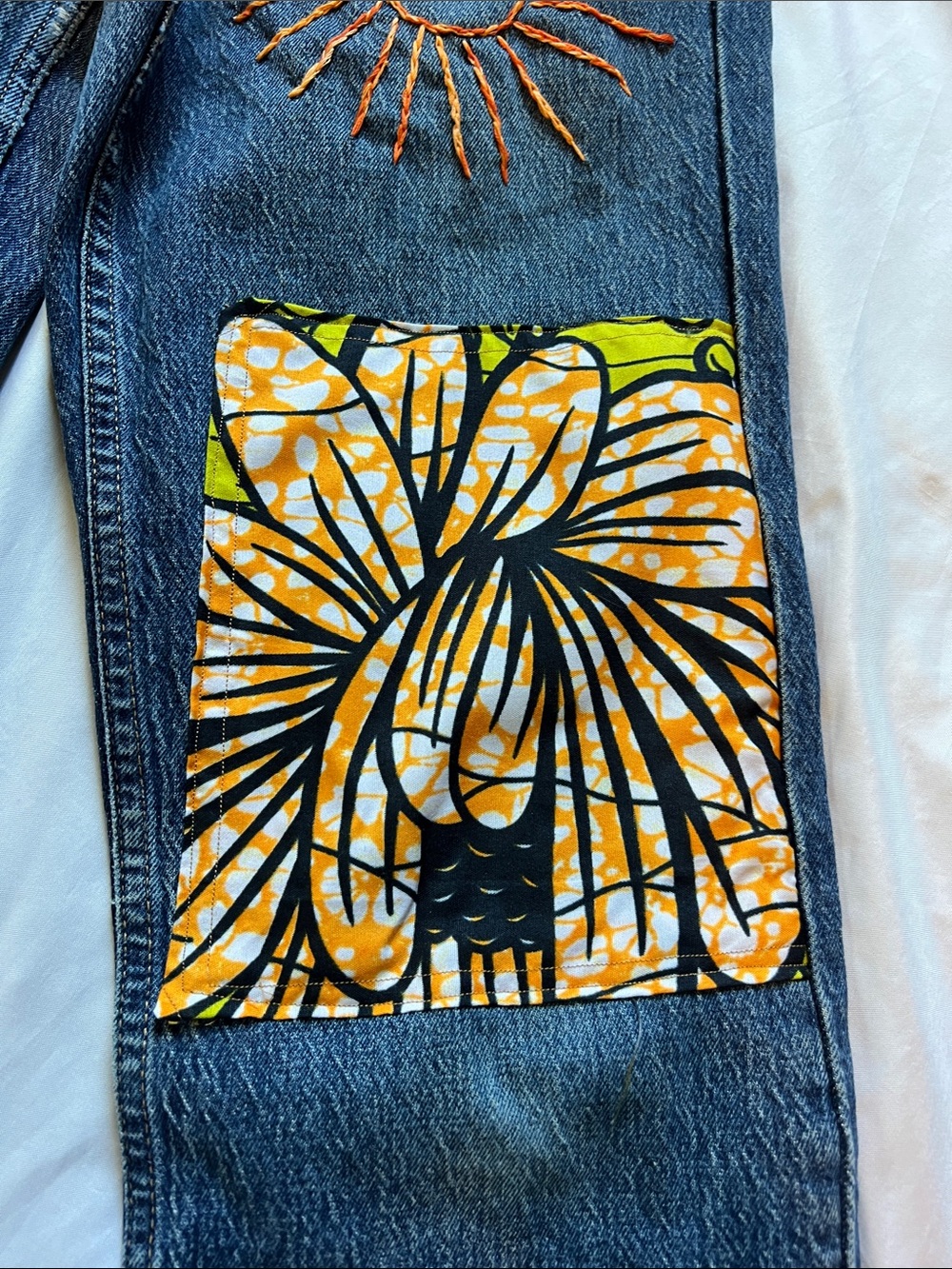 Upcycled BohoEmbroidered Sun & Patchwork Dark Blue Denim Jeans - Picture 3 of 12